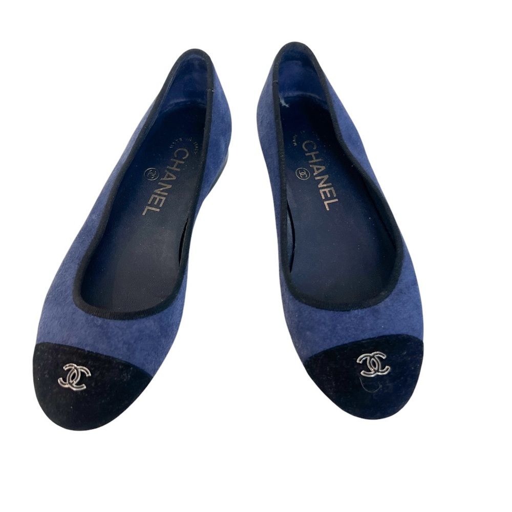 Chanel Blue/Black  Suede Leather CC Cap Toe Bow Ballet Flats
